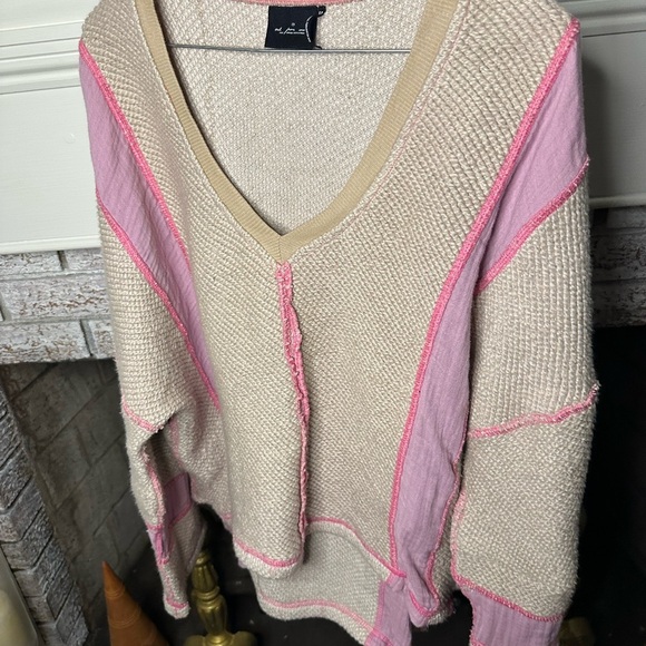 Urban Outfitters Sweaters - Urban Outfitters Cream and Pink V-Neck Sweater